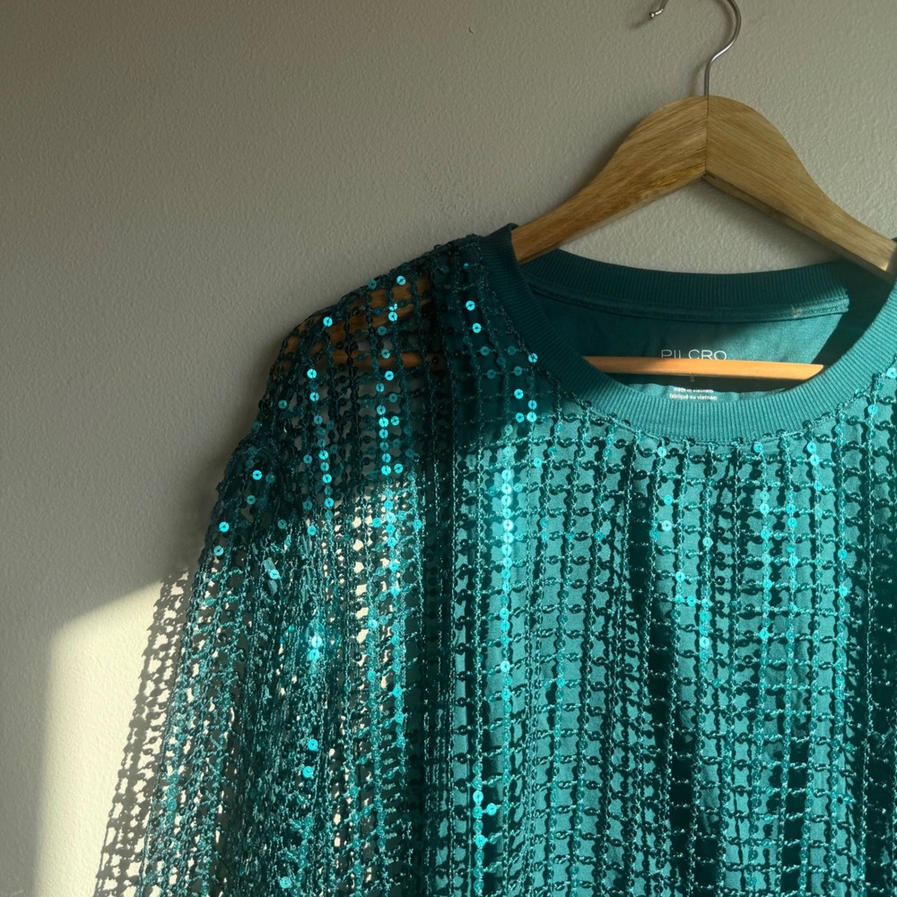 Anthropologie Pilcro Teal Sequin Lattice Long Sleeve Top - Picture 3 of 8
